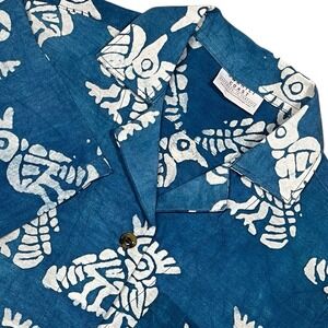 Swahili Coast 100% Linen Camp Shirt Mens S Deep Teal Batik Tropical Bird Print
